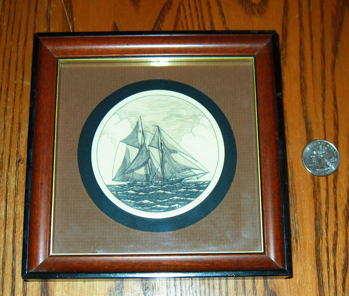 VINTAGE Stephen Barlow Scrimshaw Two Masted SCHOONER polymer Framed ...