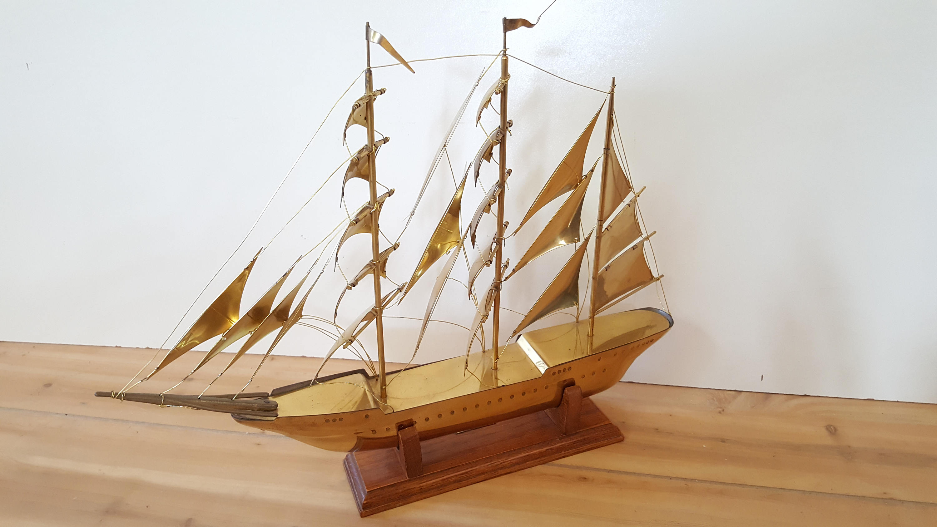 Vintage Brass Sailboat Model With Wood Stand ~ Mid Century Schooner Ship With Plaque ~ Sagres 5904