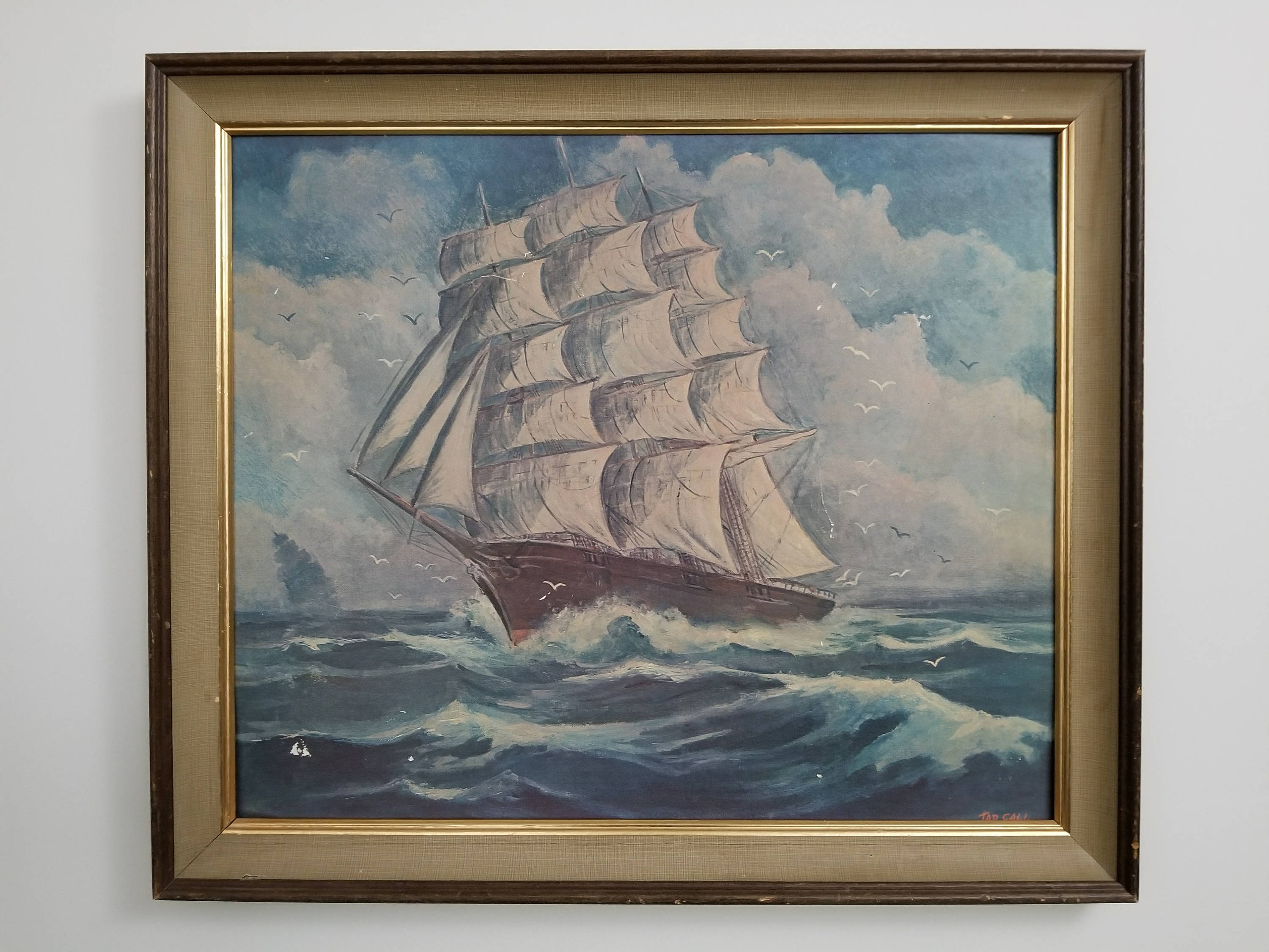 Vintage Nautical Framed Lithograph Print by "Tad" Call, 1960's era