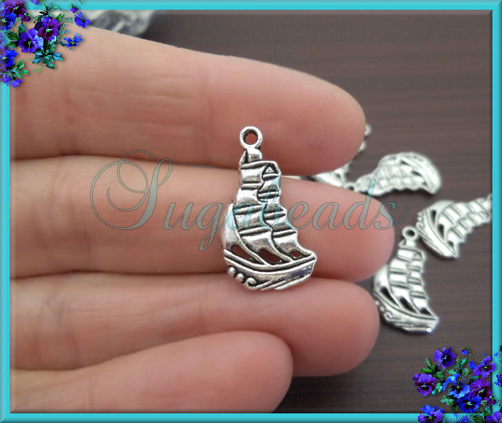 12 Silver Sail Boat Charms - Antiqued Silver Schooner 22mm PS95